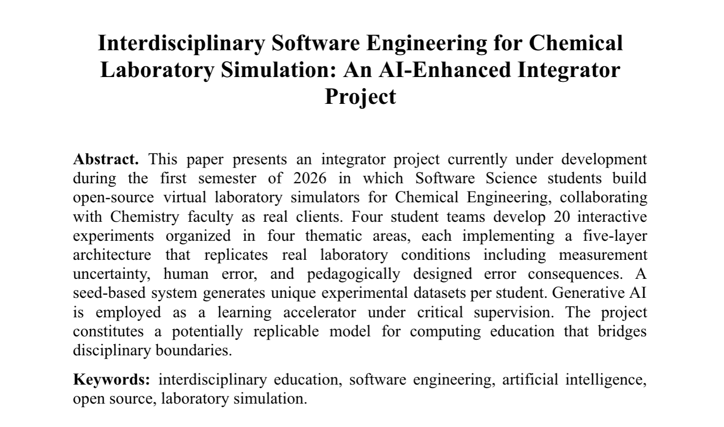 Título y resumen del paper corto presentado en las 55° JAIIO: "Interdisciplinary Software Engineering for Chemical Laboratory Simulation: An AI-Enhanced Integrator Project"